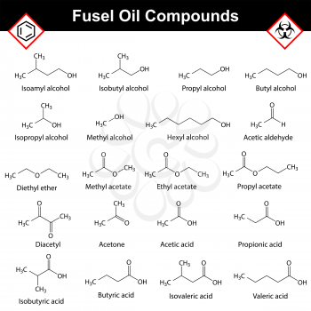 Organic compounds of fusel oil, structural chemical molecular formulas, alcohol  distillation substances, 2d vector isolated on white background, eps 8