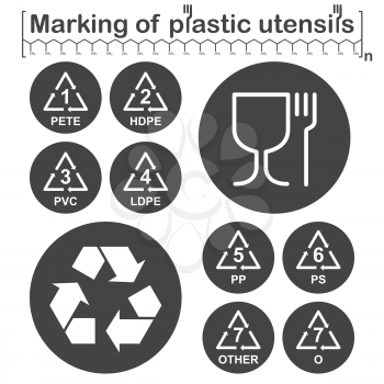 Marking of plastic utensils icons set on dark round plates, gray and white colors, 2d vector, eps 8