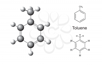 Structural formulas and chemical model of toluene molecule