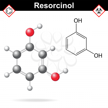 Resorcinol - chemical formula and model, 2d and  3d vector isolated on white background, ball and stick style, eps 8