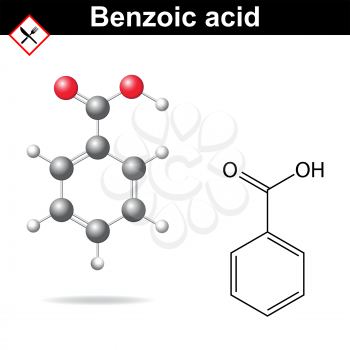 Benzoic acid - food and cosmetic preservative, E210 additive, chemical formula and model, 2d & 3d vector on white background, eps 8