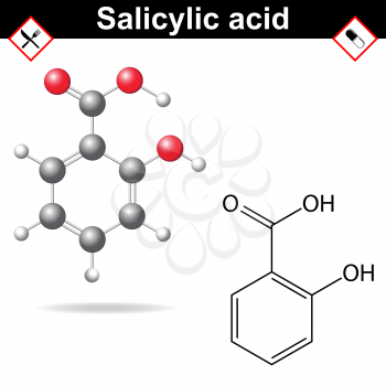 Salicylic acid - medical substance, chemical structural formula and model,  anti-inflammatory drug, 2d & 3d vector on white background, eps 8