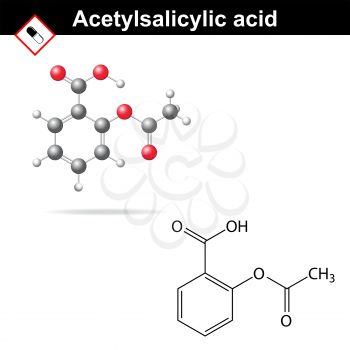 Acetylsalicylic acid - medical substance, molecular structural formula and model,  anti-inflammatory drug, 2d & 3d vector on white background, eps 8