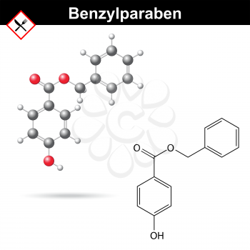 Benzylparaben - food and cosmetic preservative of paraben family, chemical formula and model, 2d & 3d vector, isolated on white background, eps 8