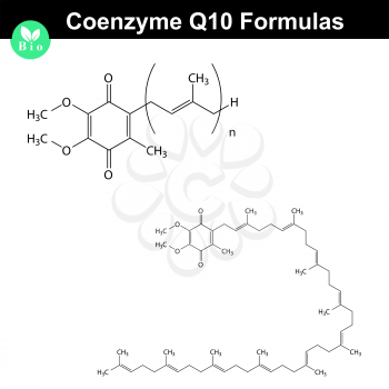 Coenzyme Q10, chemical molecular structure, 2d vector on white background, eps 8