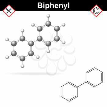 Biphenyl - citrus fruit preservative, E230 additive, chemical formula and model, 2d & 3d vector on white background, eps 8