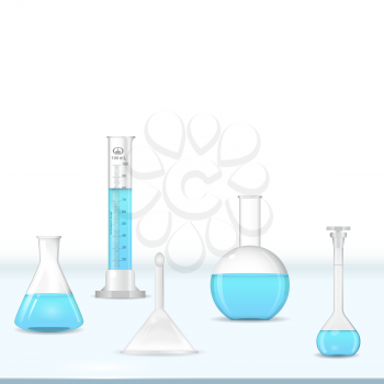 Lab glassware kit on table, chemical tools, 3d vector, eps 10