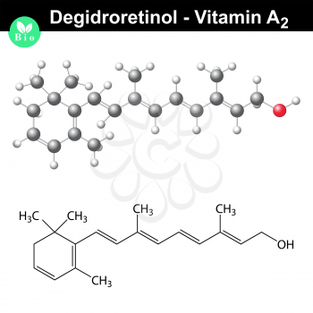Degidroretinol structure, vitamin a2 molecule, 2d vector isolated on white background, eps 8