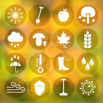 Autumn icons set on golden background, gradient mesh, 16 signs on round plates, 2d vector, eps 10