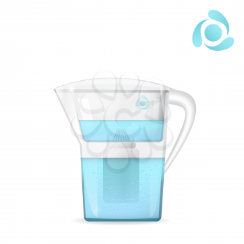 Water filtration jug with bubbles, water container, filtration tool, water circulation concept, 3d vector, eps 10