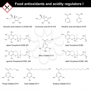 Chemical structures of main food antioxidants and acidity regulators, part I, 2d vector, eps 8
