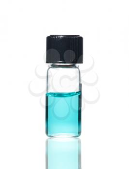 Vial with colored solution and reflection, isolated on white background