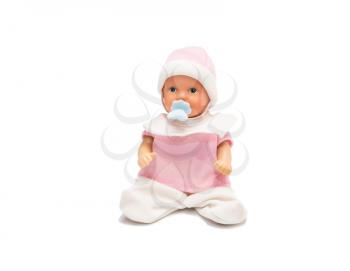 Baby doll in pink clothes isolated on white background. Studio shot