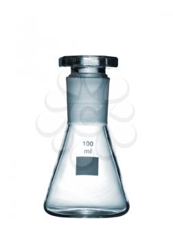 Chemical conical flask with a glass stopper isolated on white background, studio shot