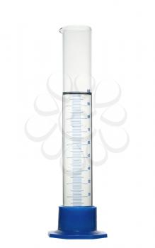 Chemical measuring cylinder with solution isolated on white background, studio shot