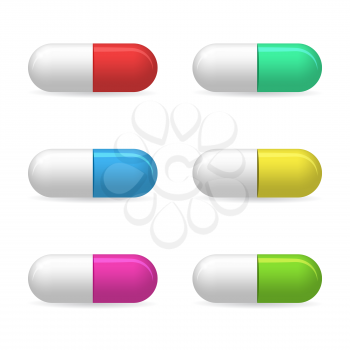 Medical pills, 3d vector colored icons set on white background, eps 10