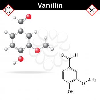 Vanillin - chemical formula and molecular structure, food additive, flavor enhancer, 2d and 3d vector, eps 8