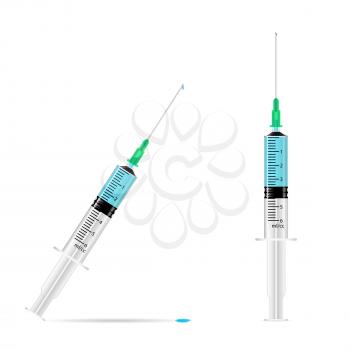 Realistic syringe with medical solution sample inside, 3d vector illustration of lab equipment, isolated on white background, eps 10
