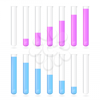 Test tubes in a row with increase and decrease volume of the solution, 3d lab equipment, vector, eps 10