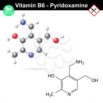 Pyridoxamine chemical formula and model, vitamin b6 group, 2d and 3d vector, eps 8