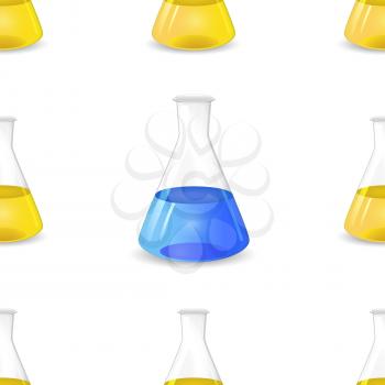 Conical flasks seamless pattern, 3d lab equipment, scientific vector background, eps 10