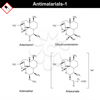 Chemical structures of main antimalarial drugs - artemisinin, dihydroartemisinin, artemether, artesunate, first set, 2d vector on white background, eps 8