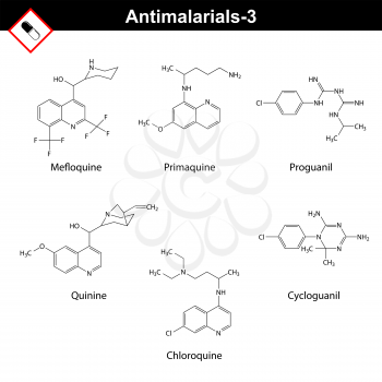 Chemical structures of main antimalarial drugs - mefoquine, primaquine, proguanil, quinine, chloroquine, cycloguanil, third set, 2d vector on white background, eps 8