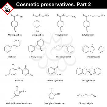 Molecular structures of main cosmetic preservatives, second set, 2d vector on white background, eps 8