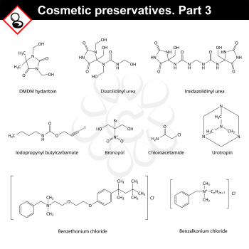 Molecular structures of main cosmetic preservatives, third set, 2d vector on white background, eps 8