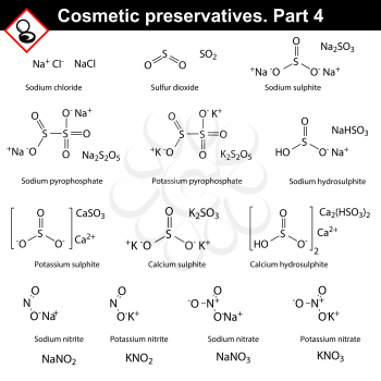 Molecular structures of main cosmetic preservatives, fourth set, 2d vector on white background, eps 8