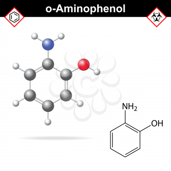 Ortho aminophenol chemical structure and model, 2d and 3d vector illustration, eps 8
