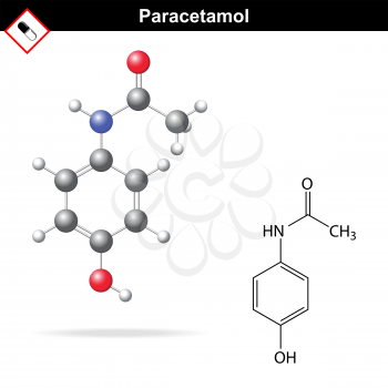 Paracetamol - molecular chemical formula and model, 3d & 2d illustration on white background, balls & sticks,  style, vector, eps 8