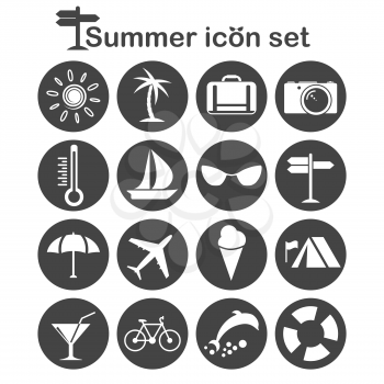 Summer icons set, 16 travel signs, 2d illustration, vector, eps 8