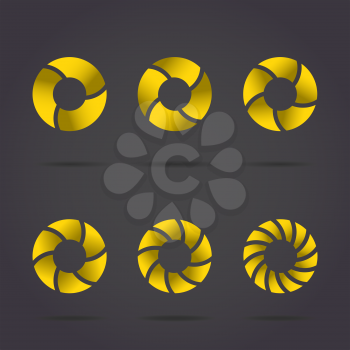 Segmented circles on dark background, gold discs set, 2d vector illustration, eps 10
