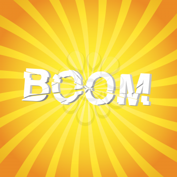 Explosion concept illustration, boom text on sun rays vector background, eps 10