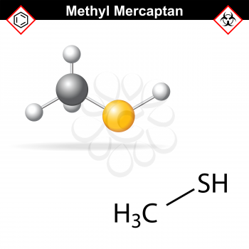 Methyl mercaptan molecule, odorant of natural gas, 2d and 3d illustration, vector, eps 8