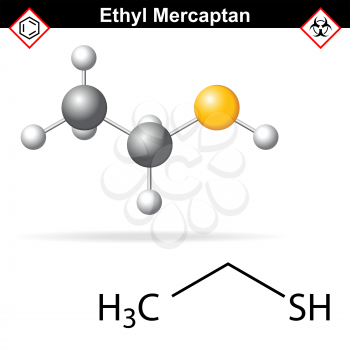 Ethyl mercaptan chemical structure, odorant of natural gas, 2d and 3d illustration, vector, eps 8