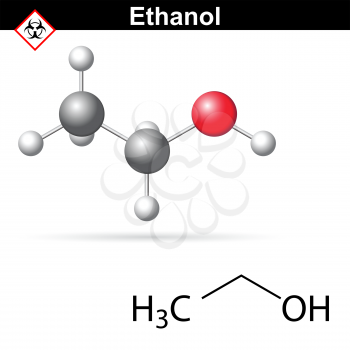Ethanoll molecule - structural chemical formula and model, 2d and 3d vector illustration, isolated on white background, eps 8