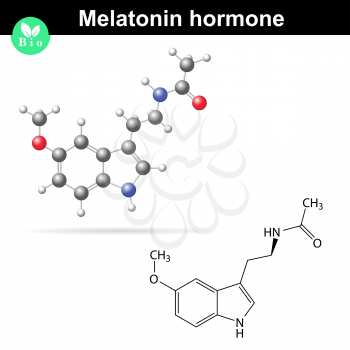 Melatonin hormone molecule, regulator of daily rhythms, 2d and 3d illustration, vector isolated on white background, eps 8