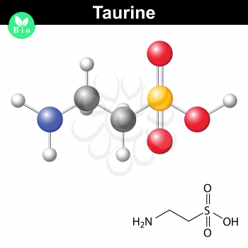 Taurine chemical formula and model, 2d and 3d illustration, vector on white background, eps 8