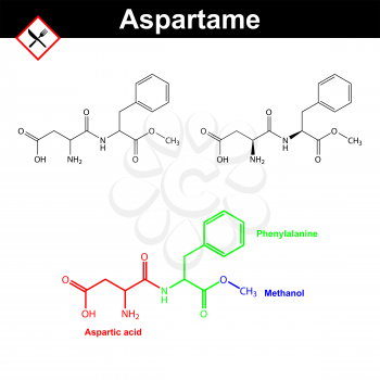 Aspartame - artificial sweetener, chemical formulas, E951 food additive, 2d vector illustration on white background, eps 8