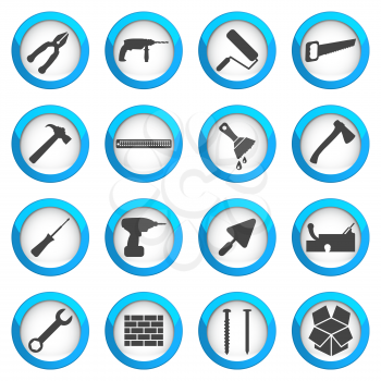 Home repair and renovation icon set, building and construction concept, 16 vector signs on dark round buttons, eps 10