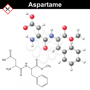 Aspartame - artificial sweetener, chemical model and molecular structure, E951 food additive, 2d and 3d vector illustration, isolated on white background, eps 8