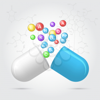 Vitamins are emitted from pharmaceutical capsules, concept of disease prevention, 3d vector illustration on scientific background, eps 10