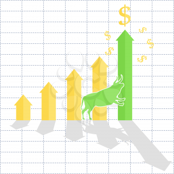 Growth chart, bull trend on stock market, 2d business vector illustration on grid background, eps 8