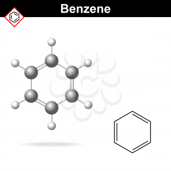 Benzene 3d molecular structure and 2d chemical formula, 2d and 3d vector illustration, isolated on white background, eps 8
