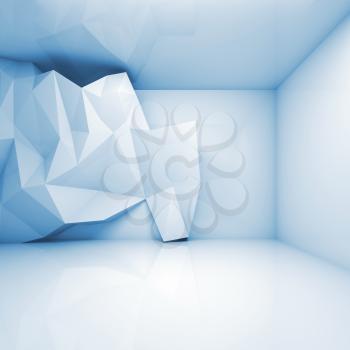 Abstract light blue 3d interior with polygonal relief pattern on frontal wall
