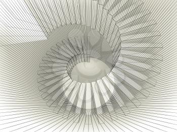Abstract spiral structure perspective with wire-frame mesh lines. 3d render illustration