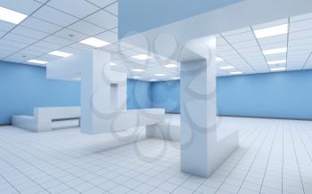Abstract white empty office interior with chaotic geometric construction and light blue walls, 3d illustration