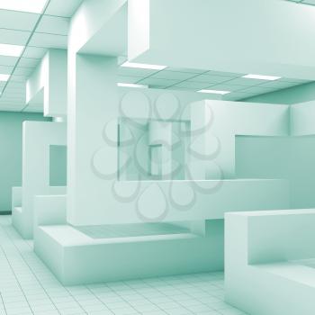 Abstract blue empty office room interior with chaotic shaped geometric installation, 3d illustration